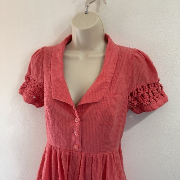 Vtg Y2K Maeve Anthropologie Dress 4 Swiss Dot Crochet Pink Orange Retro Pinup - Picture 2 of 12